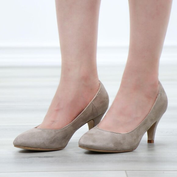 Taupe Suede Round Toe Kitten Low Heel Pumps - Picture 13 of 13